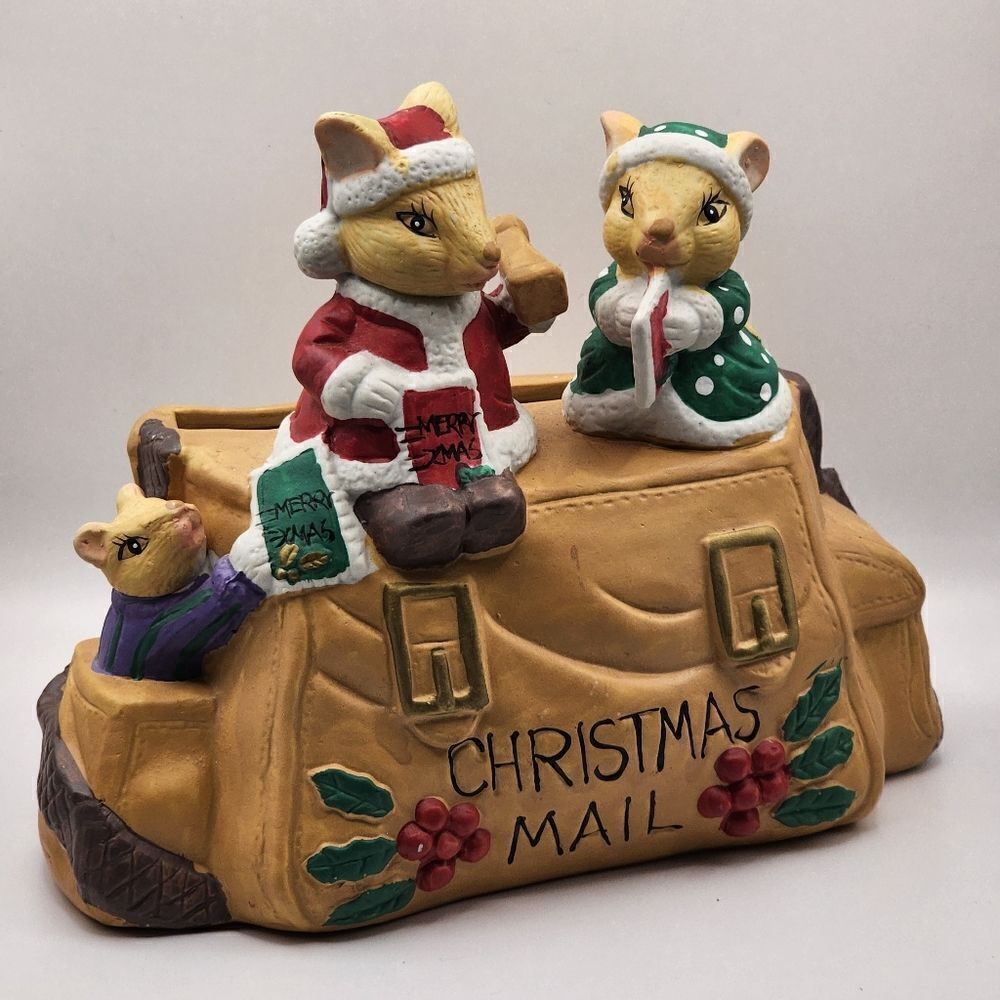 Christmas Card Mail Holder Porcelain Santa's Helper Mice Transfar Int'l Corp VTG